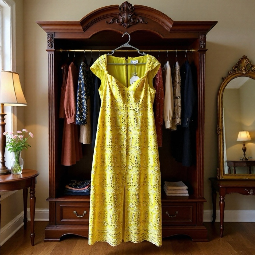 Lost + Wander Yellow Eyelet Midi Dress